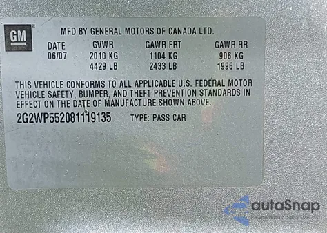 2008 Pontiac Grand Prix from USA, damaged, VIN 2G2WP552081119135